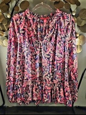 Lilly Pulitzer Navy Pink Floral Ruffle Peplum Blouse